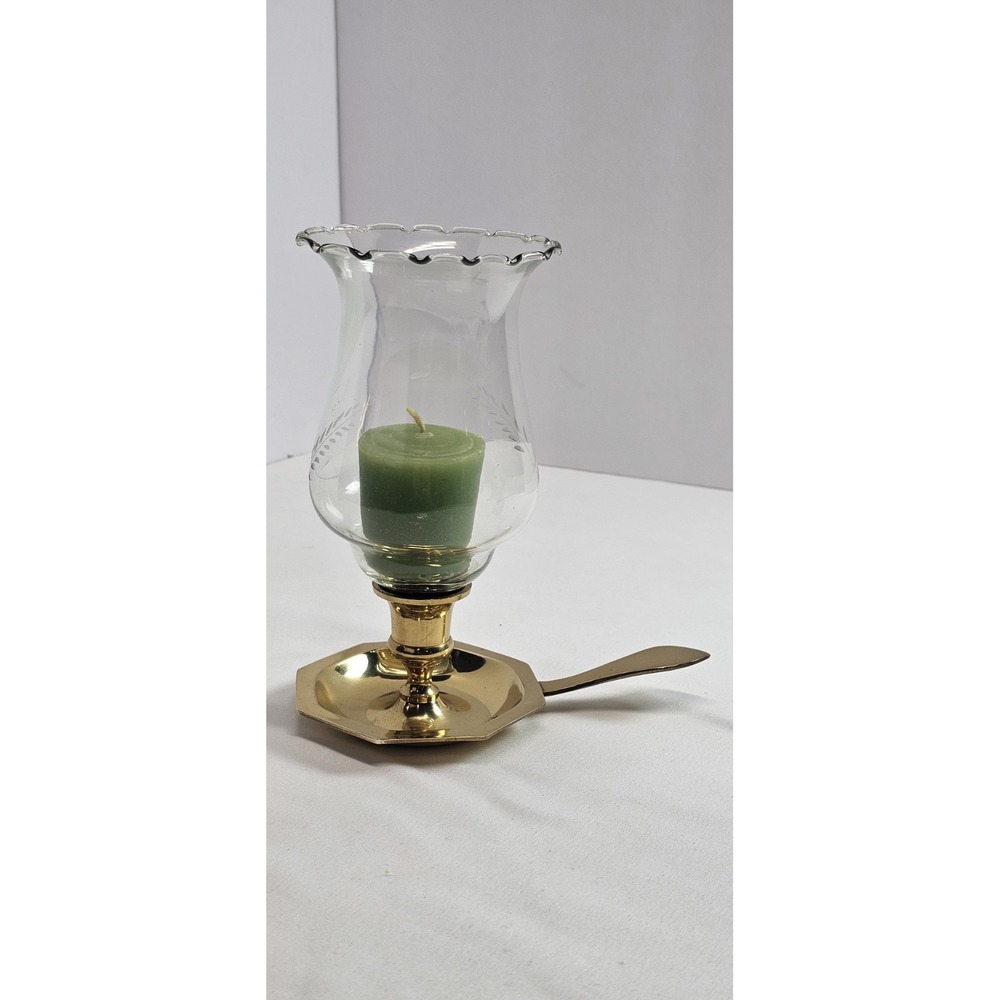 Vintage Brass Candle Holder‎ Hurricane Glass Etched Shade Finger Handle